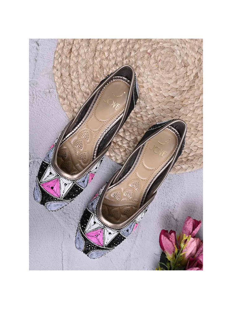 Jove Women Black Gold Embellished Mojaris