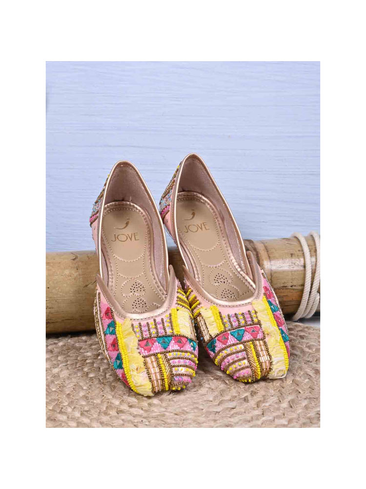 Jove Women Pink & Yellow Embellished Mojaris-image-32