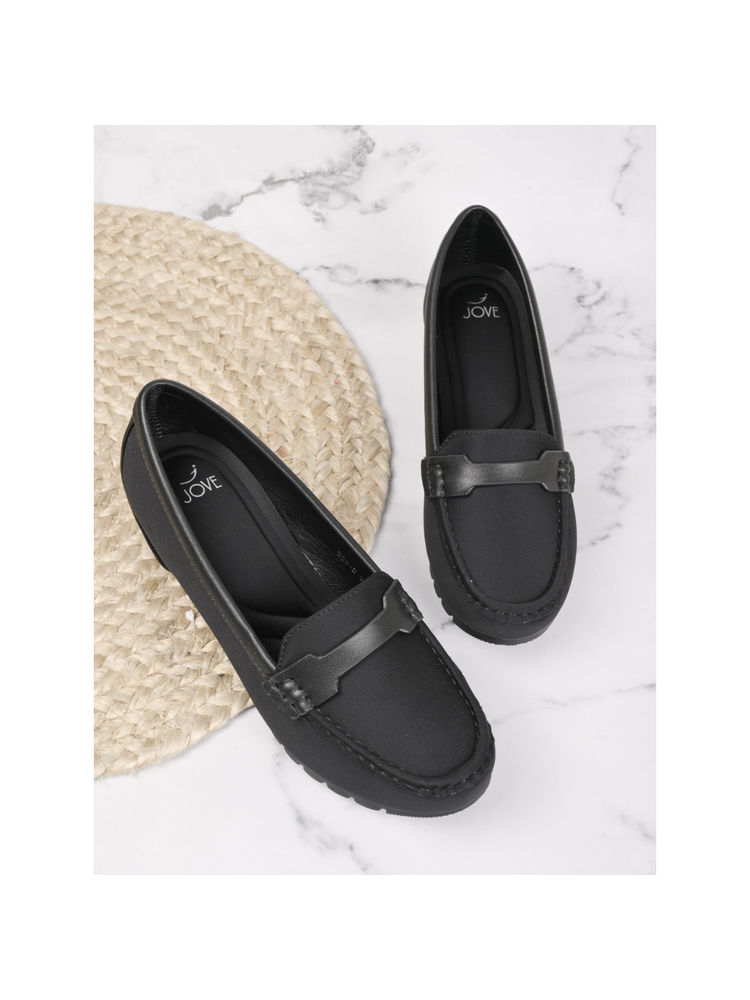 Jove Women Dark Black Solid Wedge Heel Loafers-image-26