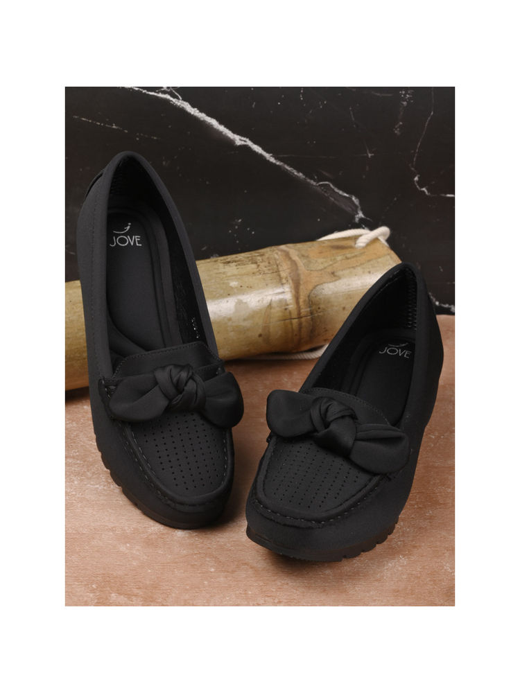 Jove Women Black Solid Bow Wedge Heel Loafers-image-39