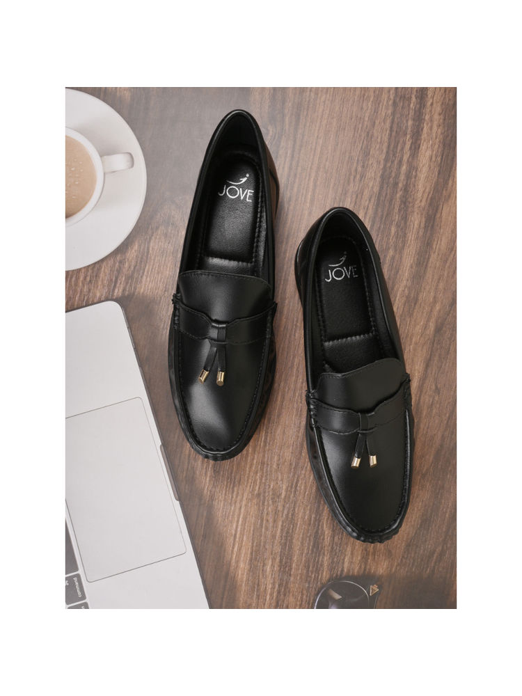 Jove Women Black Solid Loafers-image-14