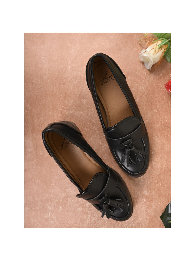 Jove Women Black Solid Tassel Block Heel Loafers-image-40