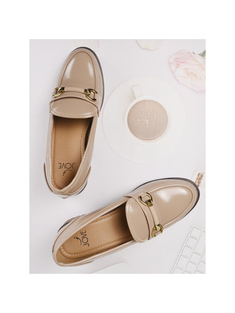 Jove Women Beige Solid Block Heel Loafers-image-48