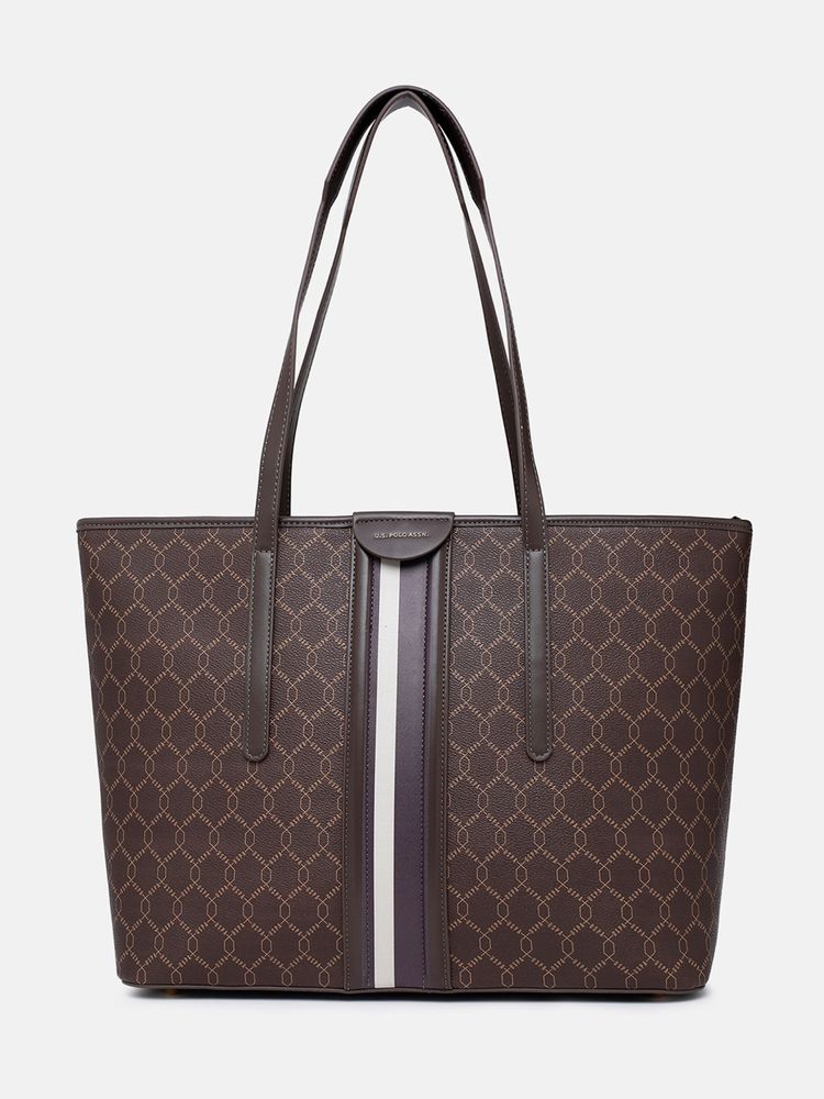 U.S. POLO ASSN. Cami Brown Monogram Detail Fits Upto 16L Laptop Tote Bag (L)-image-1
