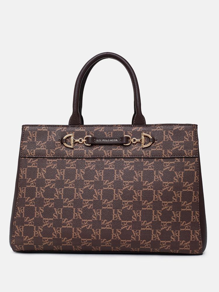 U.S. POLO ASSN. Capri Brown Monogram Detail Satchel Bag With Detachable Strap (M)-picture-15