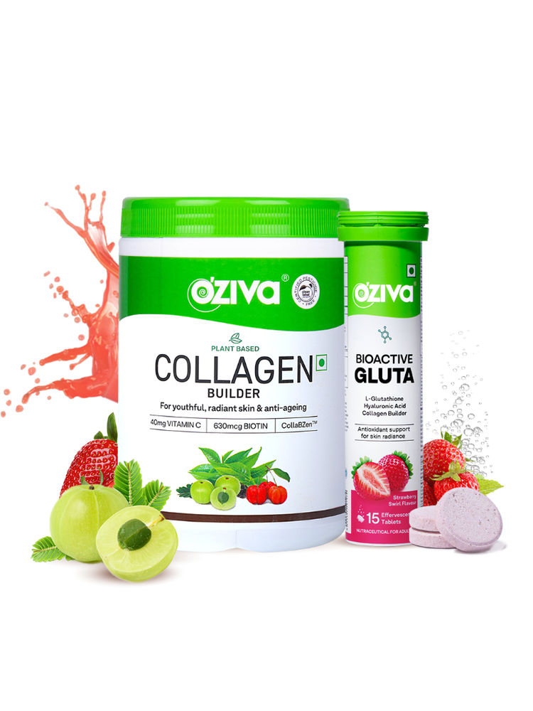 Oziva Plant Based Collagen Builder + Bioactive Gluta Fizzy Strawberry Tablets