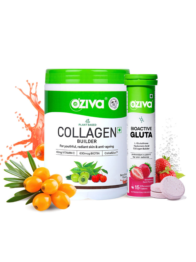 Oziva Plant Based Collagen Builder + Berry Orange & Bioactive Gluta Fizzy Strawberry Tablets-image-39