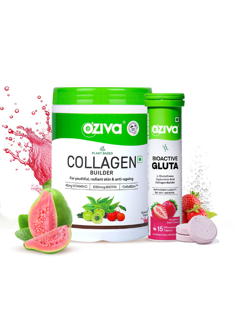 Oziva Plant Based Collagen Builder + Guava Glow & Bioactive Gluta Fizzy Strawberry Tablets-image-47