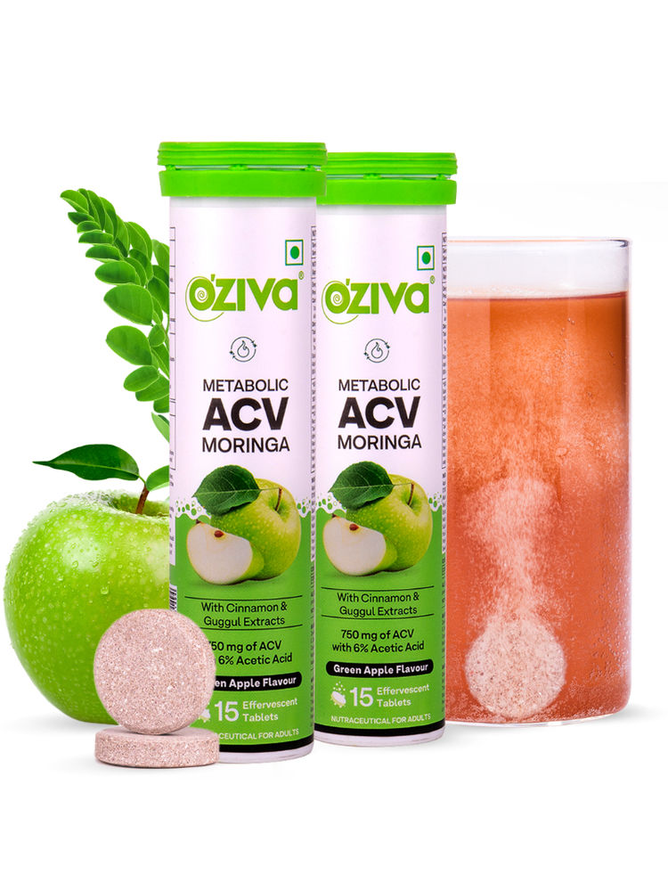Oziva ACV Moringa To Control Cravings, Apple Cider Vinegar, No Maltodextrin (Green Apple) Pack of 2