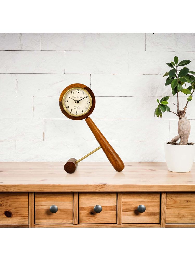 ARTYPILLAR 12In Height Sheesham Wood Hammer Design Table Clock with 4In Dome Glass Dial-image-2
