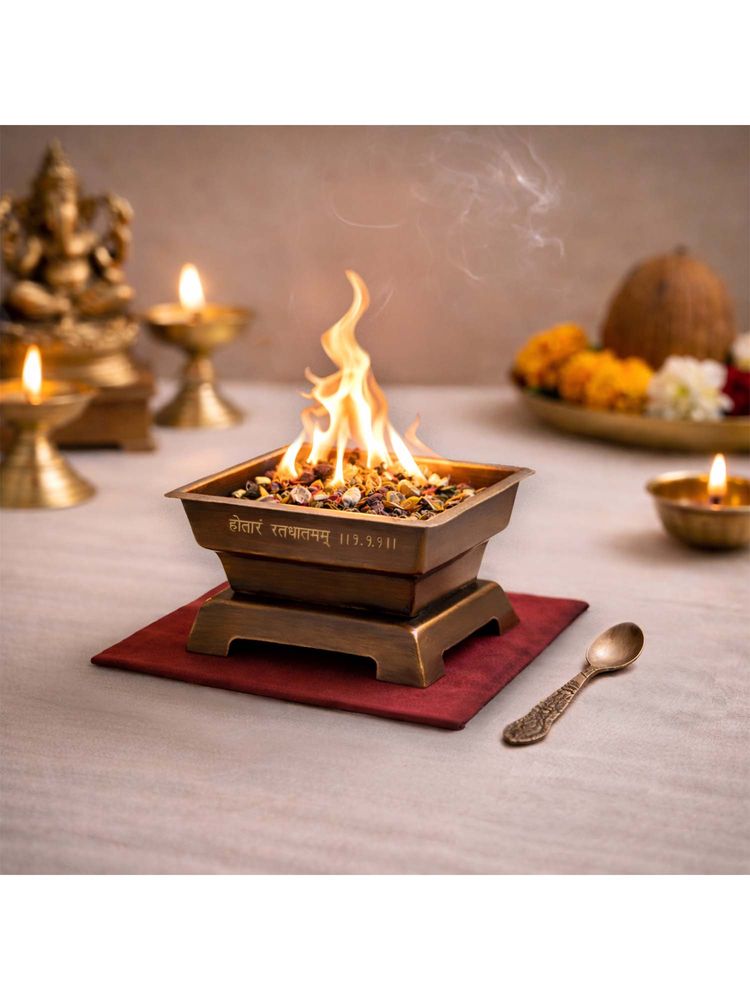 Ritualistic Brown Handcrafted Brass Hawan Kund with Spoon-image-34
