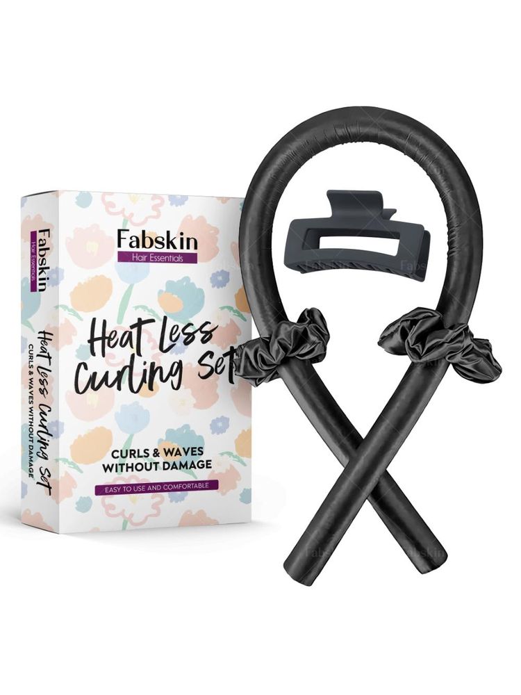 Fabskin Heatless Hair Curler Set With Hair Curling Rod, Scrunchies & Claw Clip - Black