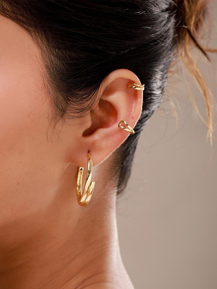 Voylla Trendy Golden Luxe Hoop and Ear Cuff Earrings Combo (Pack of 3)-picture-14
