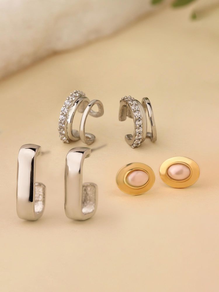Voylla Pearl Glow Dual Tone Combo Earrings (Pack of 3)-picture-36