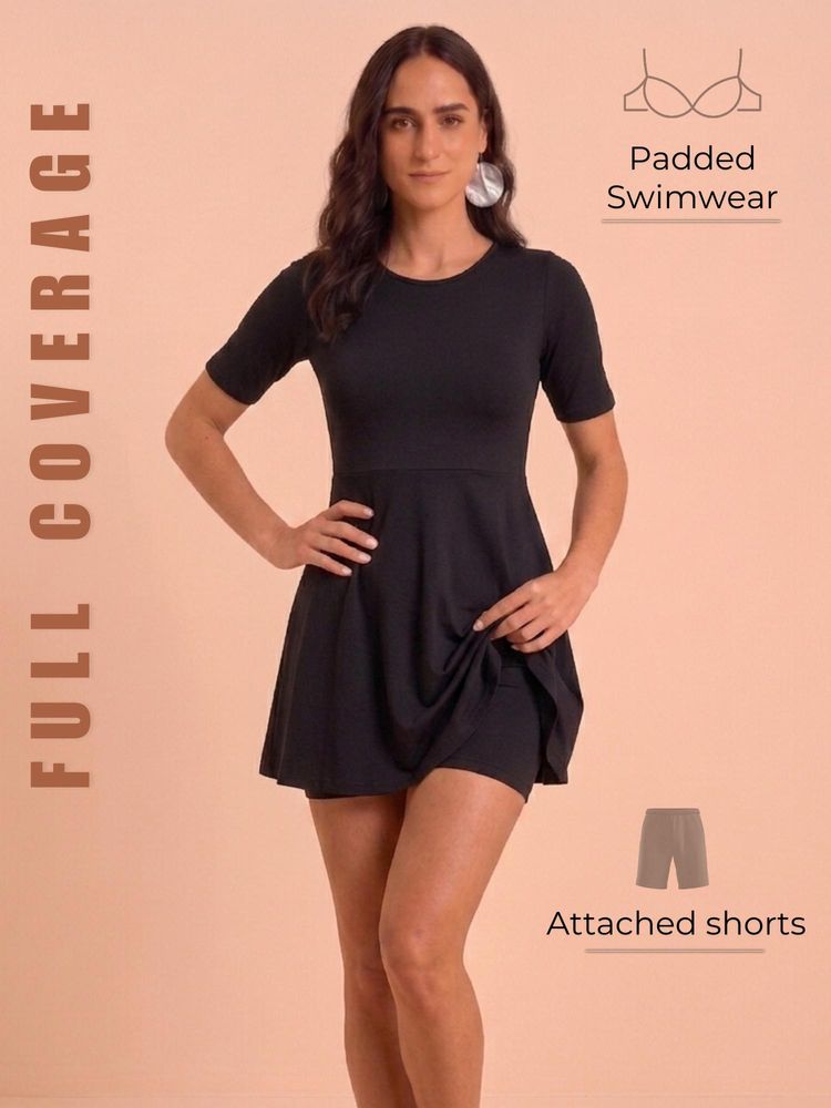 WomanLikeU Black Solid Regular Polyamide Swim Dress-image-3