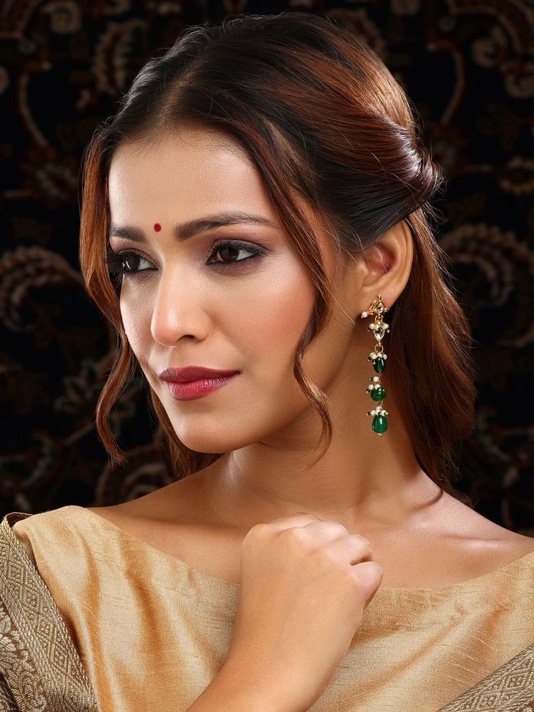 Ruby Raang Studio Emerald Green Long Kundan Drop Earrings-image-25