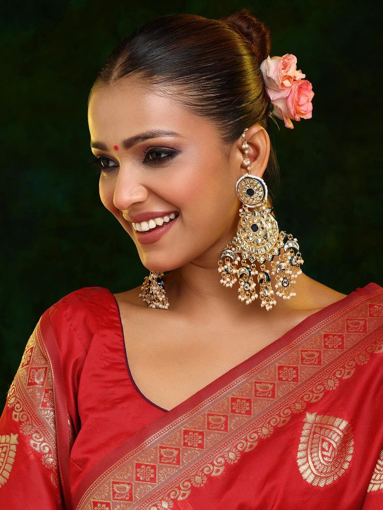 Ruby Raang Studio Navy Blue and White Kundan Attached Ear Chain Chandbali Earrings-image-17