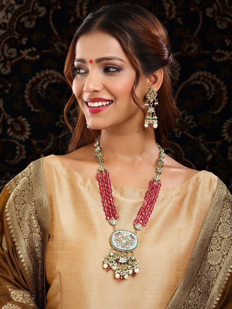 Ruby Raang Studio Multi-Color Kundan Long Necklace Jewellery Set-image-3