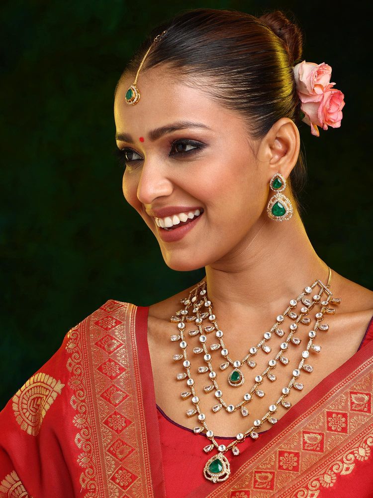 Ruby Raang Studio Emerald Green Layered Kundan Jewellery Set-picture-16