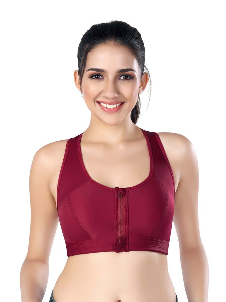 Bralux Full Coverage High Support Removable Pad Cotton Blend Sports Bra-Maroon-picture-41