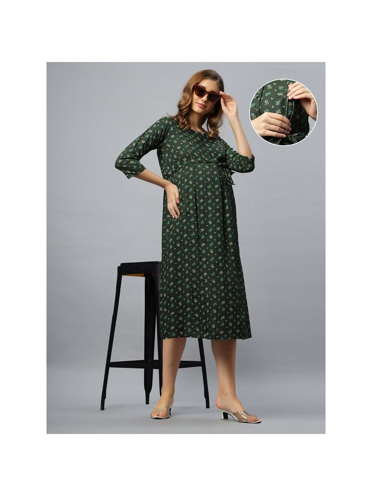 mamma's maternity Green Cotton Round Neck Floral Printed Maternity/Feeding Short Dress-picture-12