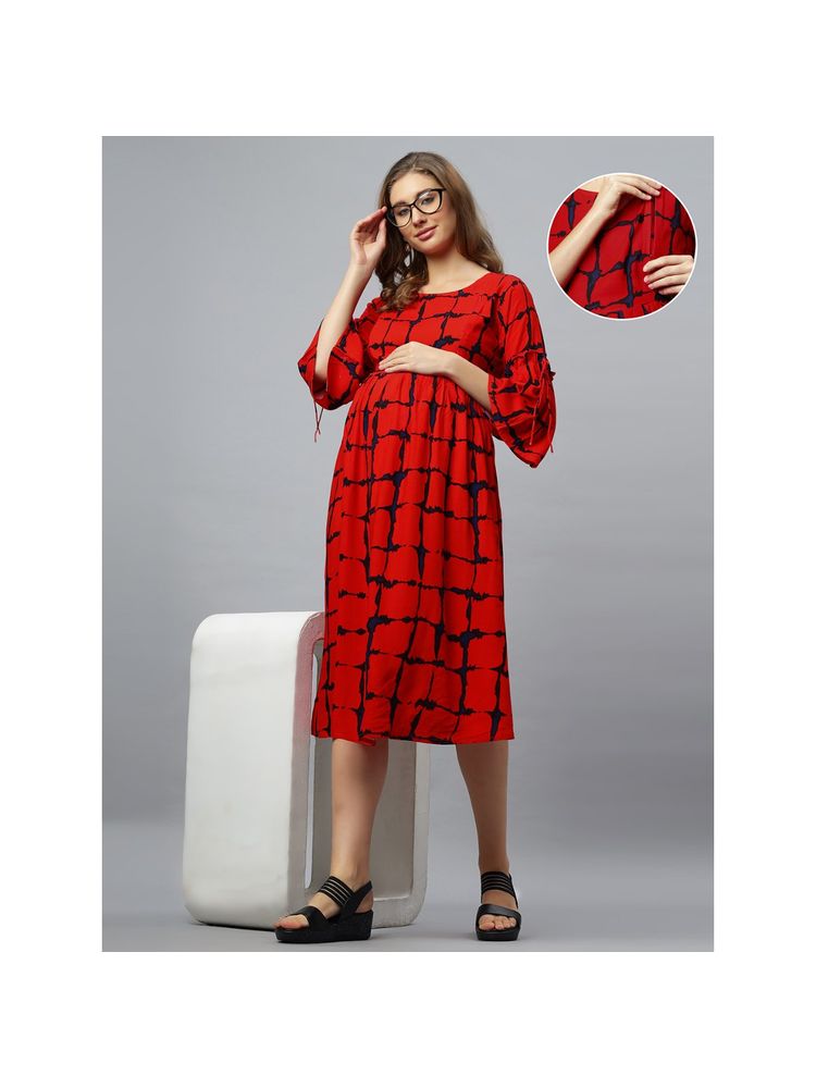 mamma's maternity Red Rayon Round Neck Checks Printed Maternity/Feeding Short Dress-picture-24