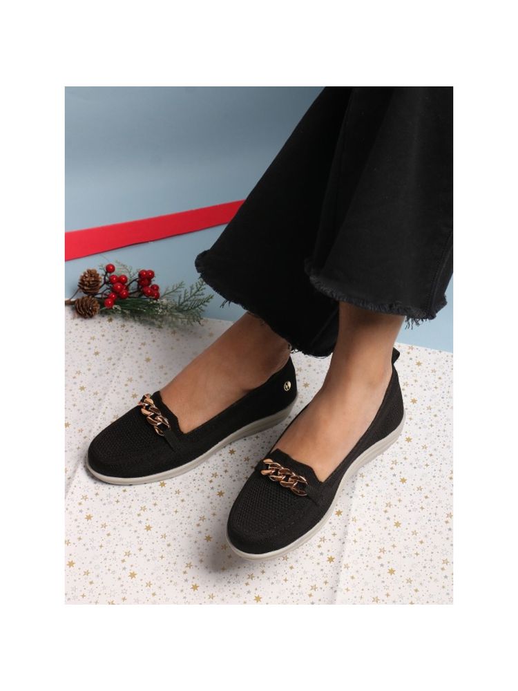 ELLE Womens Woven Desian Slip-On Loafers with Chain Detail Black-picture-25