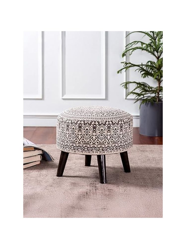 Nestroots Grey Cotton Canvas Wooden Ottoman-image-5