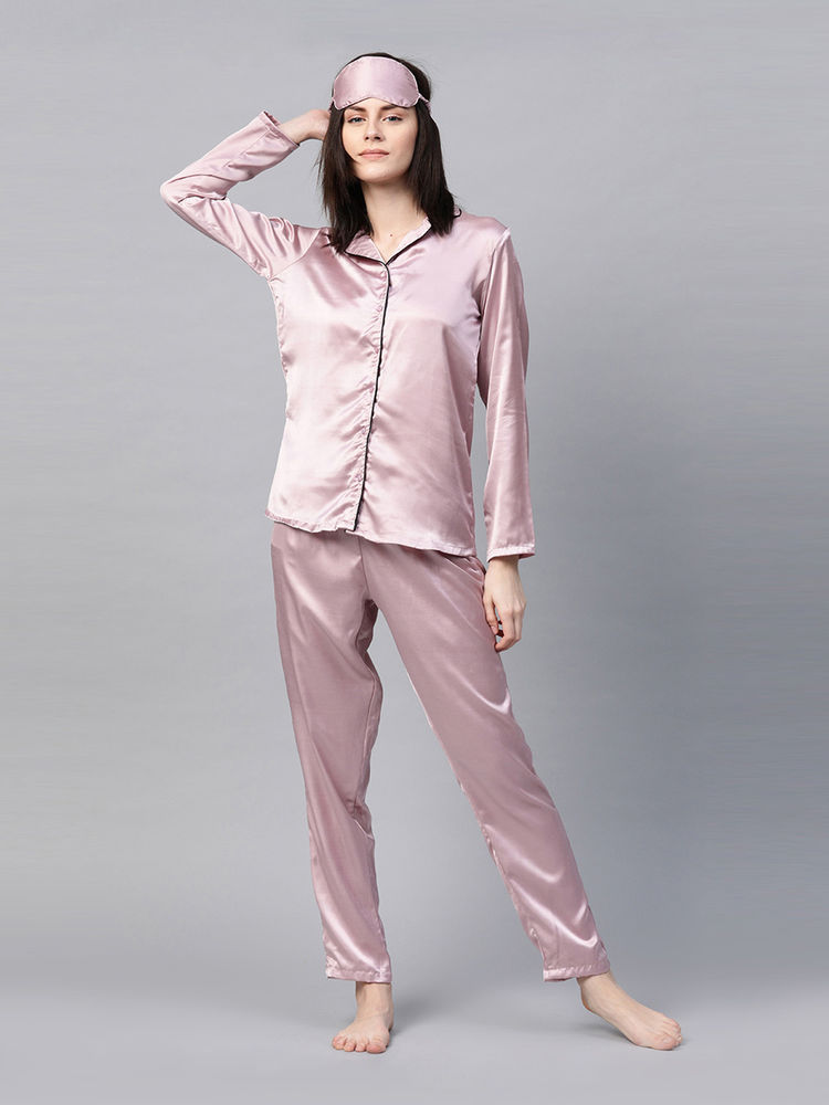 Drape In Vogue Women Satin Solid Night Suit - Purple-picture-20
