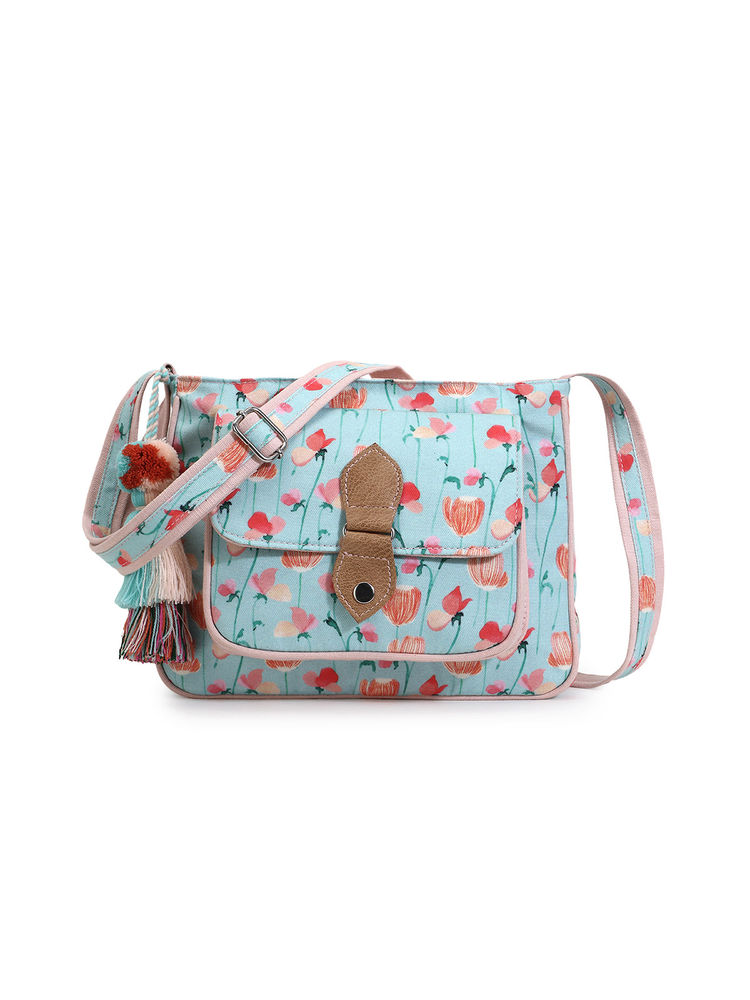 Anekaant Rangoli Mint Green & Peach Polycotton Floral Digital Print Sling Bag-image-6