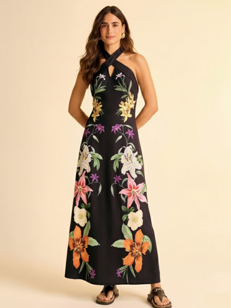 WomanLikeU Black Floral Printed Maxi Dress