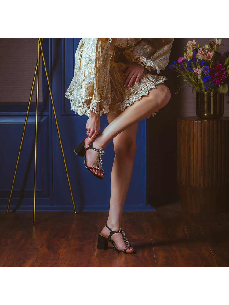 Saint G Transparent Stone Embellished Black Suede Leather Block Heels-image-38
