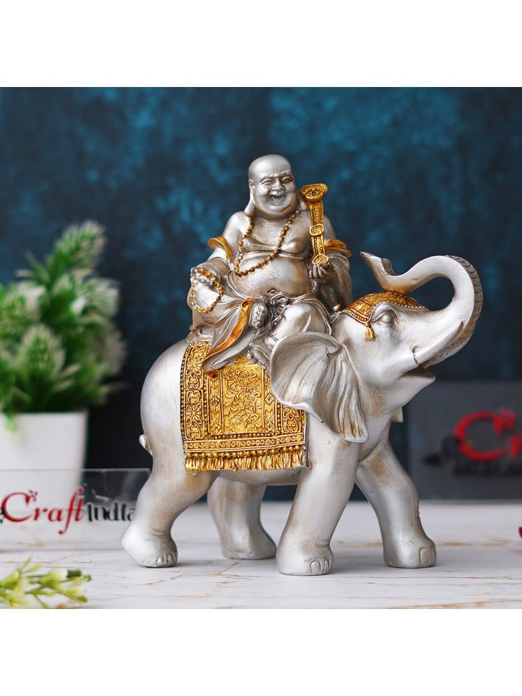 eCraftIndia Silver & Golden Laughing Buddha Statue Seating on Elephant Figurine-picture-15