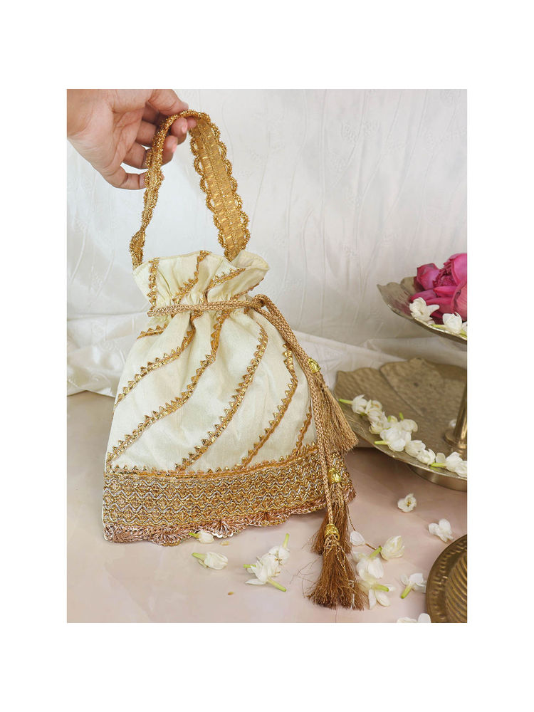 Soho Boho Studio Women Cream Embellished Cream Serene Knot Potli Bag-image-5