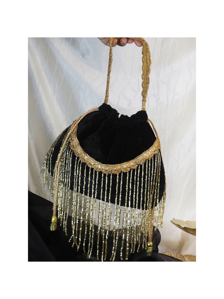 Soho Boho Studio Women Black Embellished Velvet Sky Black Potlid Bag-picture-30