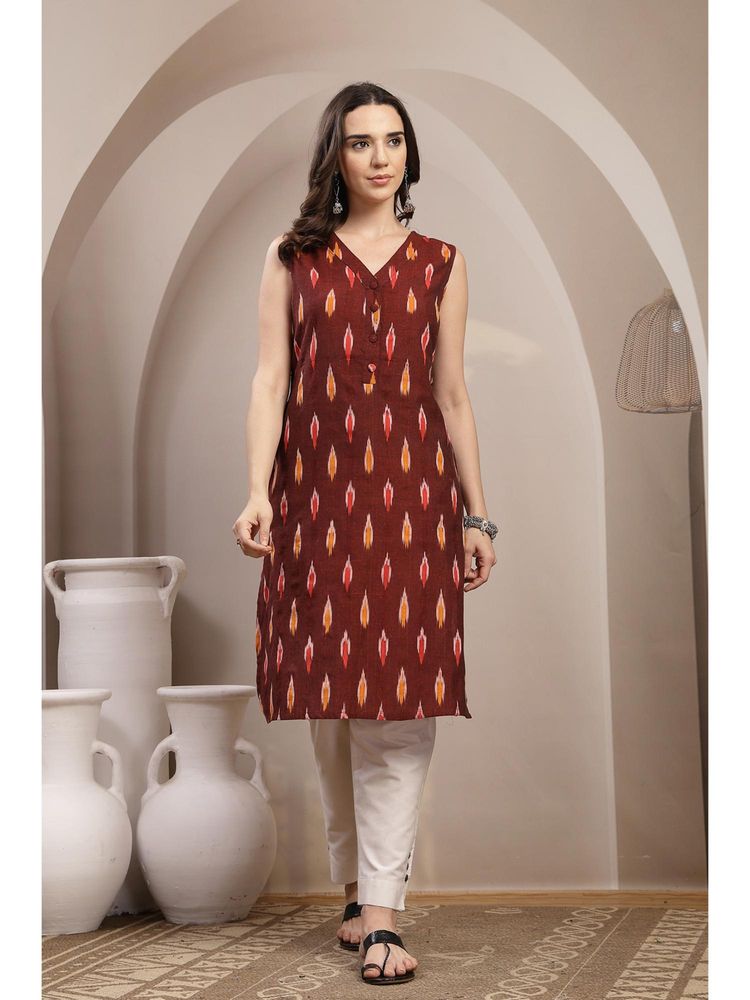 Zelena Maroon Yellow Ikat Print Sleeveless Maternity Kurta-picture-10