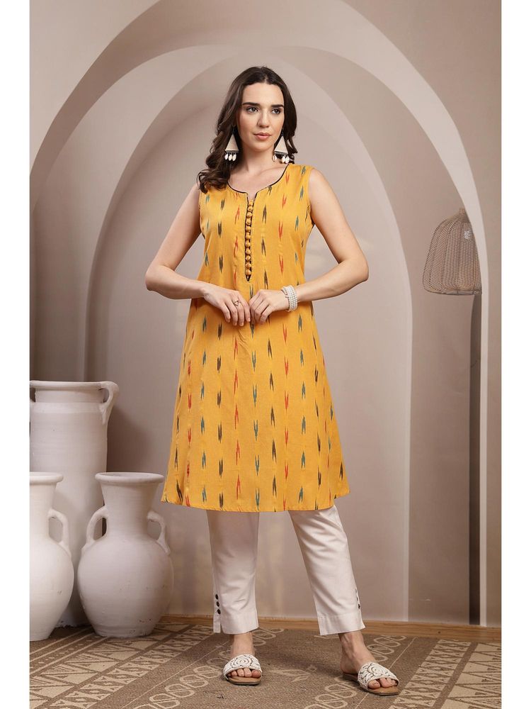 Zelena Mustard Yellow Ikat Print Sleeveless Maternity Kurta-picture-11