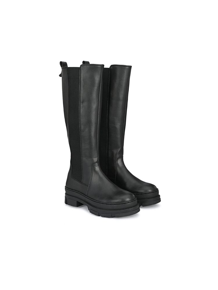 Delize Black Women Vegan Leather Knee High Chelsea Boots-picture-13