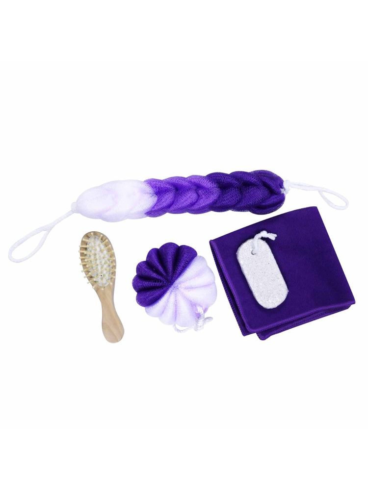 EZ Life 5 Pcs Spa Bath Hamper Set Purple Loofah, Scrubber, Brush, Pumice Stone & Napkin-picture-18