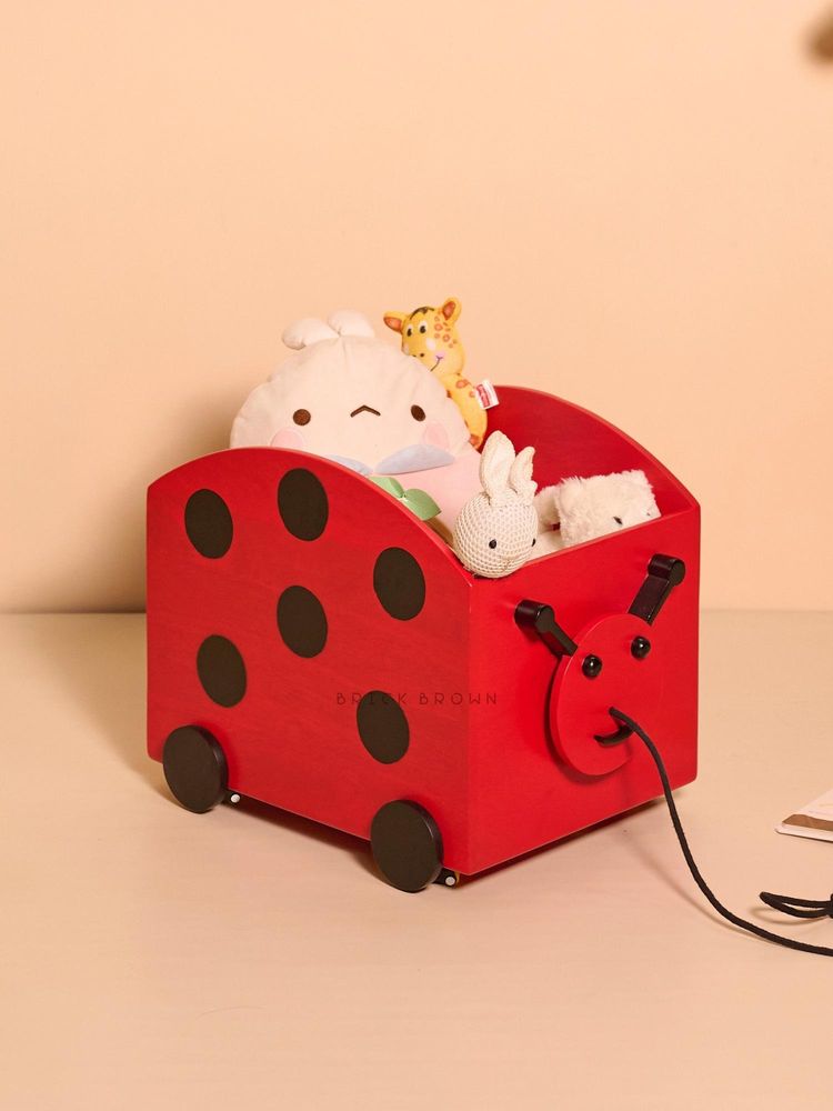 Brick Red Ladybug Toy Cart Kids Rolling Storage Box Organizer-image-15
