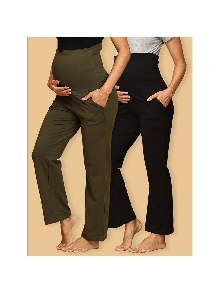 The Mom Store Comfy Maternity Trackpants Combo of 2 - Olive and Black-image-37