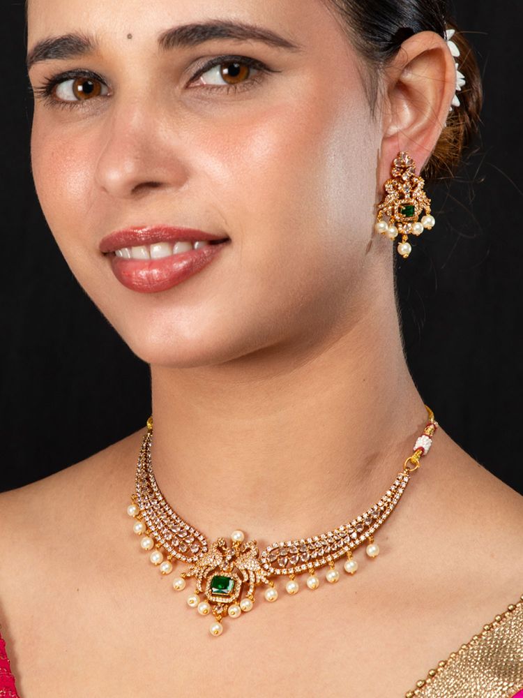 Niscka 24K Gold Plated Peacock Emerald and Pearl Necklace Earrings Set-picture-22