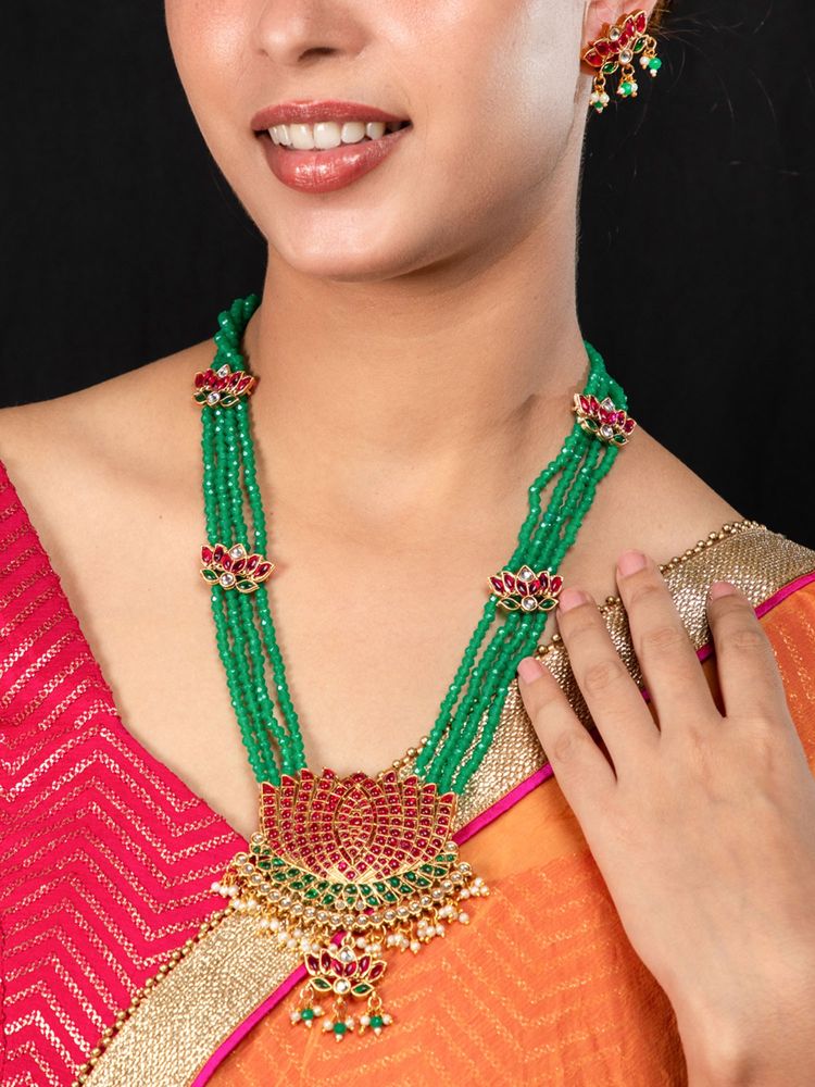 Niscka 24K Gold-Plated Lotus Pendant Jewellery Set-image-4
