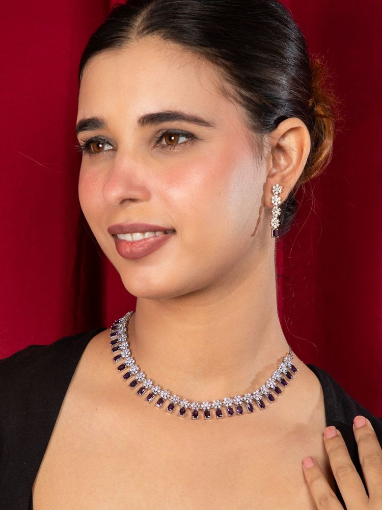 Niscka Rhodium Plated Purple American Diamond Necklace and Long Earrings Set-picture-26