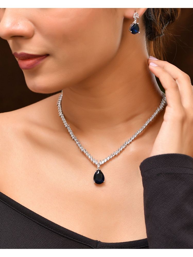 VOJ Silver Plated Blue Stone Studded Necklace Set-picture-20