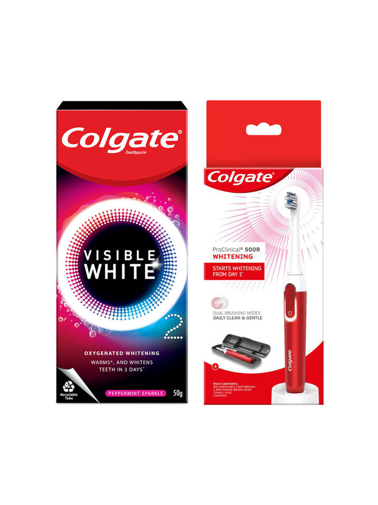 Colgate Visible White O2 Toothpaste Peppermint Sparkle & 500R Whitening Elec Toothbrush