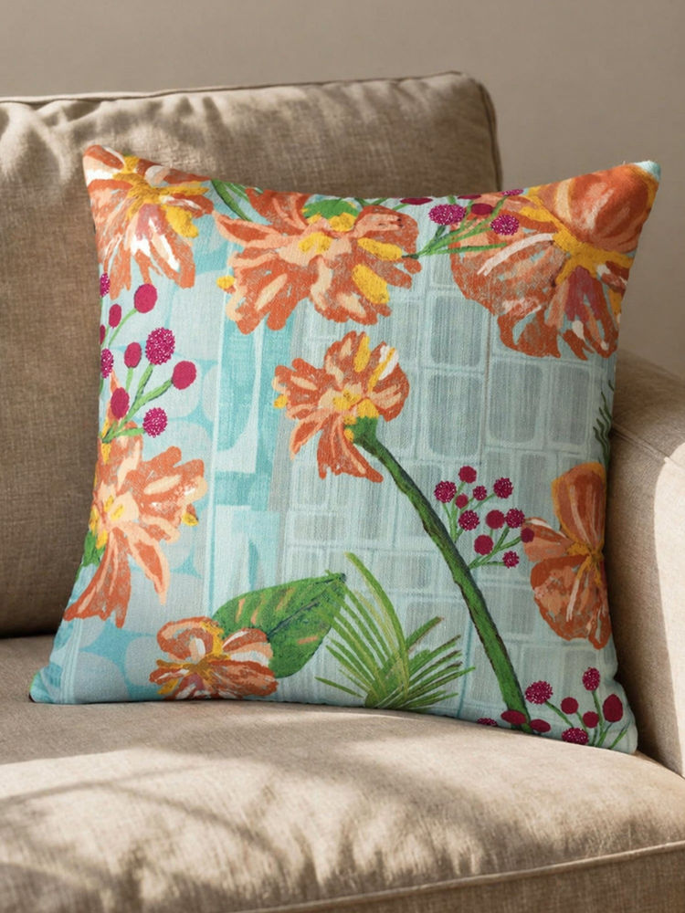 Zeba World Green Floral Hand Embroidered Reversible Cushion Cover (16 x 16 Inches)-picture-15