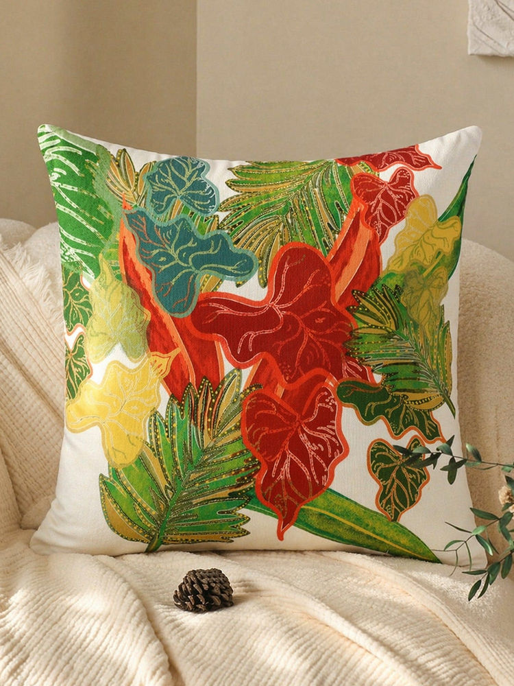 Zeba World White Leaf Embroidered Taka Reversible Cushion Cover (16 x 16 Inches)-picture-13