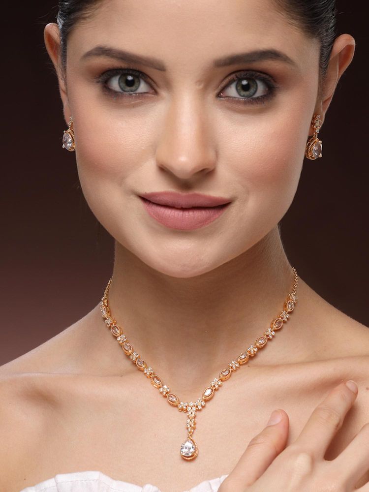 Estele Lustrous Gold Finish Tear Drop CZ Necklace Set – Timeless Festive Jewelry-image-31