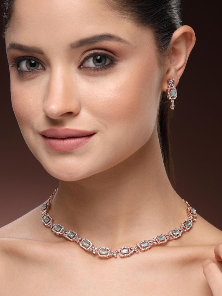 Estele Premium Rosegold Plated Mint Green CZ Necklace Set –Evening Glam-image-11